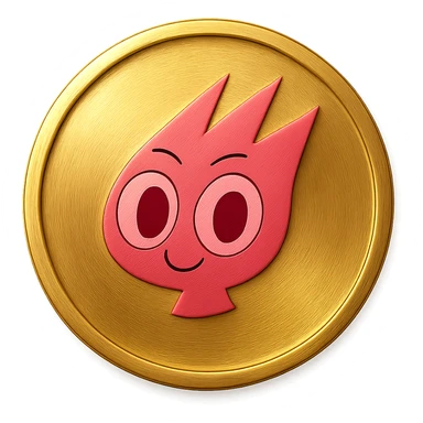 Create a simple flat gold coin with a thin rim and transparent background, no shadows. The coin features only the mascot's head from the provided image, centered and in pink color. No neck or extra details, just the head. sticker