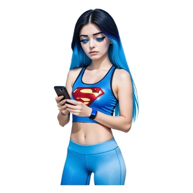 Shameful disappointed crying-very very very very big chest-texting on a samsung cell phone-very long straight flowing black to sky blue hair ombre-blue eyes-black eyeliner-long eyelashes-plastic sparkling sky blue very low cut tank top with sparkling superman logo-black leggings-nike sneakers sticker