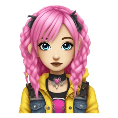 Blue eyed long eye lashes pout blonde and pink hair pale hime gyaru girl, hot pink and yellow split-dyed hair, nose ring, elf ears, dark makeup, punk clothes sticker