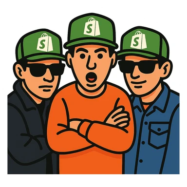the Beastie Boys wearing hats with the Shopify logo sticker