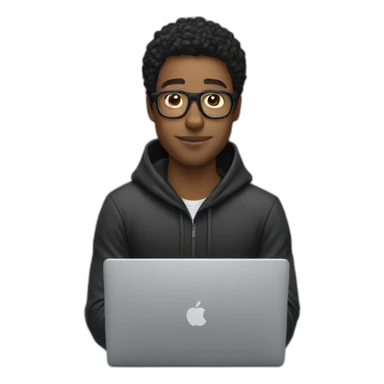 White Man with black carly hair wearing glasses and hoodie sit Infront of laptop sticker