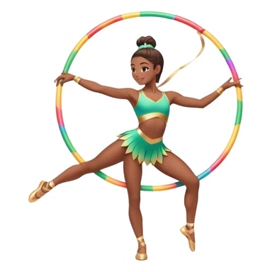 An energetic gymnast performing aerobics with a hula hoop. The gymnast is spinning the hoop around their waist in an elegant pose. The background is a lively fitness studio with colorful lights and an active atmosphere, showcasing movement and grace. sticker