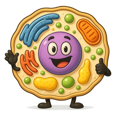 Make the cell and organelles more 3D and cartoon style, remove the background, with vibrant colors and smooth shading typical of western adult animation cartoons. sticker