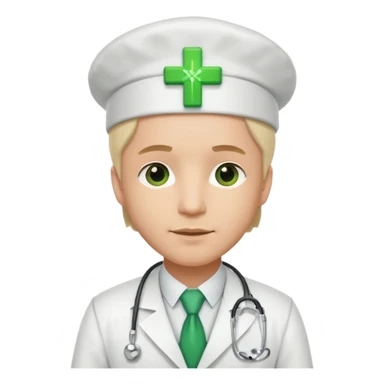 a doctor in white suit with a doctor hat with green cross sticker