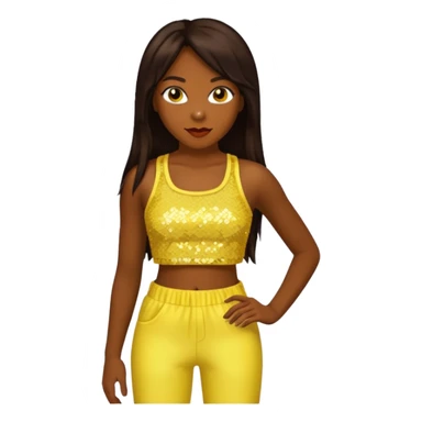 Chilli from TLC with long dark brown hair, yellow sequin crop top and pants, dark skin  sticker