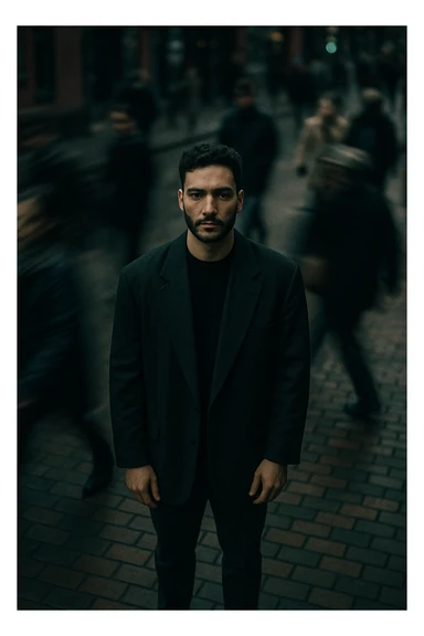overhead shot of me standing still on a brick city sidewalk, wearing a dark oversized blazer,
motion-blurred crowd rushes past around me. Moody lighting, 35mm film look, shallow depth of field, sharp focus on me. sticker