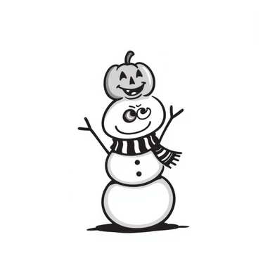 a snowman with a carved pumpkin on its head, hand drawn doodle style, whimsical and detailed sticker