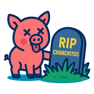Add the text 'RIP CHANCHITOS' on the tombstone and depict the pig with a dead expression (X eyes, tongue out) in vibrant cartoon style, no background. sticker
