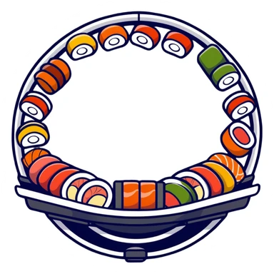 rotating sushi conveyor belt restaurant with colorful sushi plates sticker
