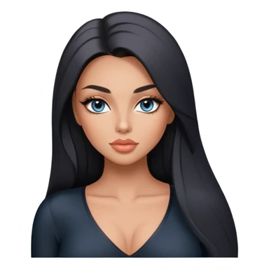 Glamours, tanned, very beautiful girl, with big pump peach-beige-rose lips, long long lashes, black straight smooth silky long hair, straight parting hair, blue-grey eyes in black long-sleeves v-neck bodysuit sticker