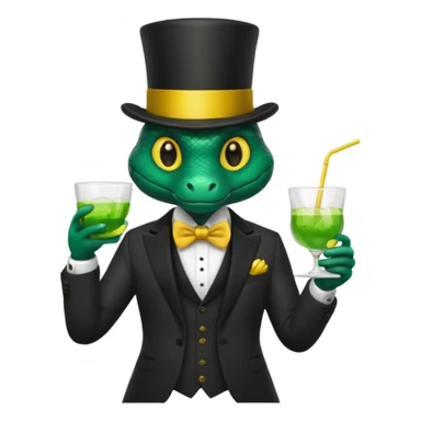 snake wearing suit, bowtie and top hat, holding a glass of green drink sticker