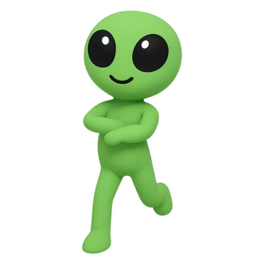 Create a neon green alien dancing, almost identical to the reference image, with minimal changes in the positions of arms and legs, looking straight ahead. This is frame 19 of the animation. PNG with transparent background. sticker