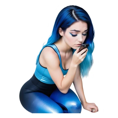 Disapponted-big tears-head back texting on phone-very very large upper body-sexy face-bending forward at waist-very long very straight dark blue to light blue ombre hair-and-blue eyes-thick black eyeliner-long eyelashes-iridescent blue lowcut tanktop with black leggings with glitter superman logo sticker