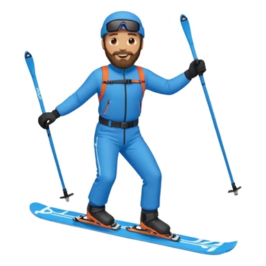 bearded man skiing, blue outfit, smiling. full body view sticker