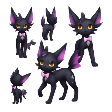 Shiny Dark Cool Edgy Black beautiful ethereal fantasy Kawaii Sona Umbreon-Noibat-Litten-Fakemon-cat-animal with edgy bat-ears bow tie black emo-mane vtuber model Full Body sticker