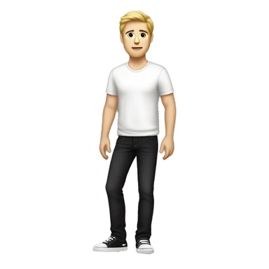 a white guy in his 20s with black jeans and a white shirt with a black side view sedan behind him sticker