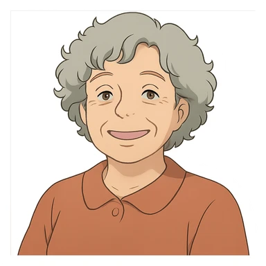 ghibli style smiling 50 year old lady with silver curly hair sticker