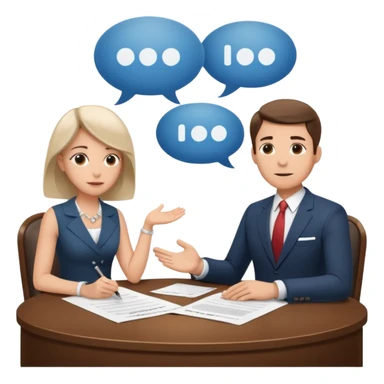 Two people sitting at a table with a large contract or paper between them and speech bubbles above, symbolizing negotiation and agreement signing. sticker
