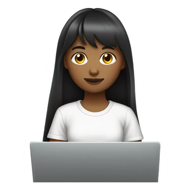 girl with long dark straight hair and bangs, fair skin, working with a laptop (she is a marketer). wearing a white oversized t-shirt sticker