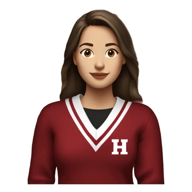 A brunette girl wearing a crimson and white sweater with the  black crimson and white Harvard university logo on it sticker