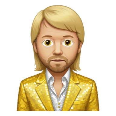 Björn Ulvaeus from ABBA with long dark blonde hair, yellow sequin shirt, white sequin suit jacket sticker