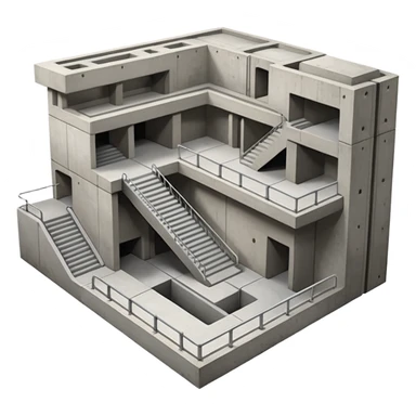 Cutaway view showing underground structure. Concrete walls, rectangular station box, visible staircases going down, platform edges, smooth geometry. No people, no text. Apple-style design sticker