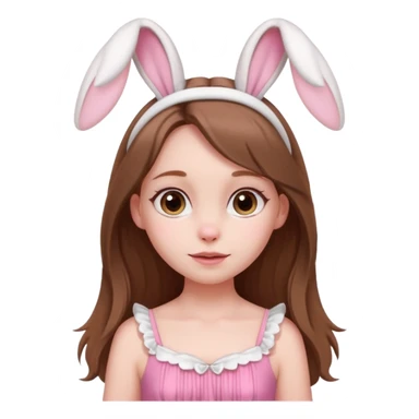 Create an emoji of a pretty pale-skinned girl with long brown hair wearing a pink dress and wearing white bunny ears  sticker