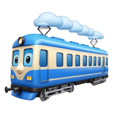 A 3D cartoon passenger train with blue carriages and visible windows, moving through countryside, Memoji-style. sticker