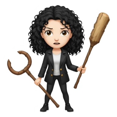 Hey, please generate me an emoji that depicts a woman white skin long black curly disheveled hair slightly thicker, she is wearing a white T-shirt and a black unbuttoned jacket she is furious she is holding a large stick sticker