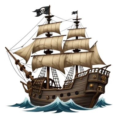 An icon representing an adventure game, inspired by high-seas exploration. The design features a fearless pirate gripping the wheel of a grand sailing ship, its tattered Jolly Roger flag billowing as it cuts through stormy waters. The scene evokes danger, treasure, and the thrill of the open sea. Transparent background. sticker