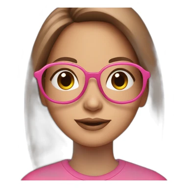 Graphic designer girl with long brown hair in pink glasses wearing pink sweatshirt with text NV Designe on it sticker