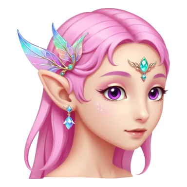 portrait of pink Elvish fae shiny sparkly iridescent translucent diaphanous ear climber ear cuff sticker