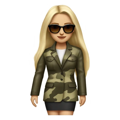 Realistic White woman with Long straight blonde hair and round sunglasses, camouflage Wool oversize blazer, mini skirt and Brown heeled leather boots  sticker