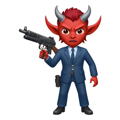 A Demon from hell that is dressed like a fbi agent with a machine gun, full body pointing the machine fun to the left. In the style of your be sticker