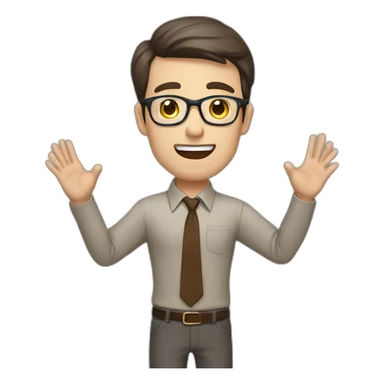 To belt Actively gesturing with hands Pale skinned fit man teacher with dark brown hair in gray jacket, beige office shirt, brown tie, brown pants and vintage glasses. sticker