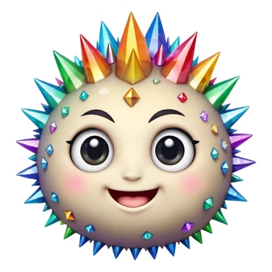 A single spiky crystal rock character, chubby and compact, covered in short chunky crystal spikes and faceted planes, iridescent rainbow colors, cute round face on the front with big glossy eyes and a wide happy smile, sticker