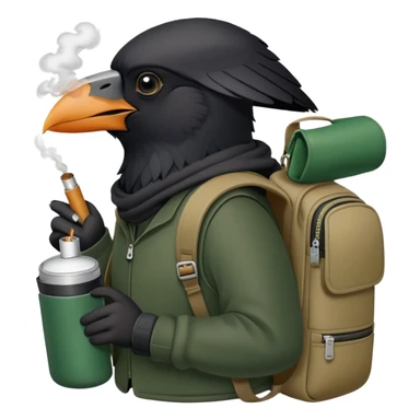 a realistic crow smoking from an iqos and carrying a dark green to khaki backpack on his back sticker