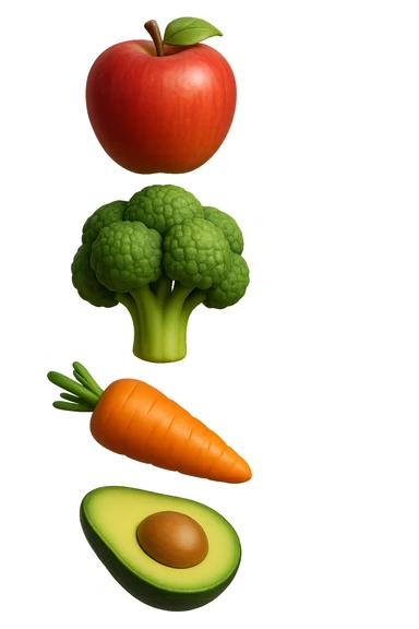 emoji stile iphone in 3d di cibo sano che fluttua in aria vericalmente, iperrealistico 4k sticker