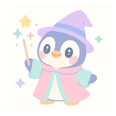 a cute penguin wizard casting a spell, wearing a robe and holding a wand, magical sparkles around sticker