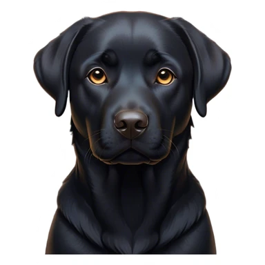 Cinematic Noble Black Labrador Portrait Emoji, Poised and regal, with a robust, muscular build and a sleek, shiny pure black Fur, deep-set soulful brown eyes, Simplified yet sharp and sophisticated features, highly detailed, glowing with a soft, dignified glow, high shine, intelligent and gentle, stylized with an air of confidence, focused and attentive, soft glowing outline, capturing the essence of a watchful and loving companion, so majestic it feels as though it could bound out of the screen with effortless authority! sticker
