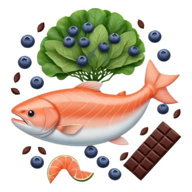 brain surrounded by healthy lifestyle choices, exercising, salmon, dark chocolate, blueberries, seeds, leafy greens . brain booster sticker