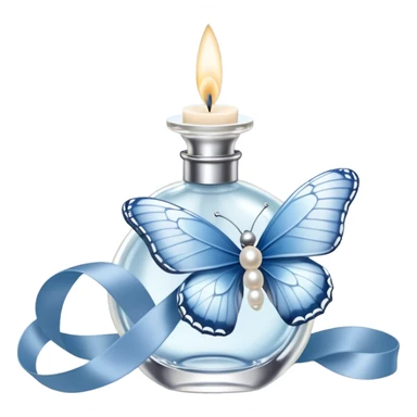 A pearl-colored butterfly, its wings dusted with a whisper of silver, rests gently on the loop of a powder-blue silk ribbon. The ribbon, wrapped around the stem of a crystal perfume bottle, catches the flickering candlelight, while another butterfly, lighter than air, flutters delicately in the background, leaving behind an invisible trace of magic. sticker