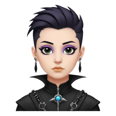 nonbinary space scientist with dark hawk hair and shaved sides, black bridge piercing and ear tunnels, goth eyeliner sticker