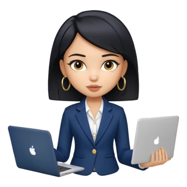 a pretty bratz girl with straight black short hair wearing a dark blue blazer and carrying a laptop. gold small hoops sticker