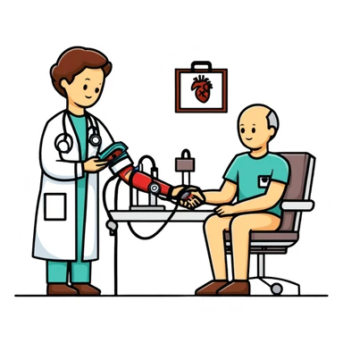 Doctor checking patient's blood pressure during annual medical check-up, healthcare screening sticker