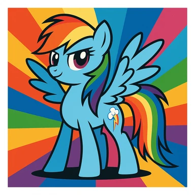 Rainbow Dash from My Little Pony, standing proudly, wings spread, colorful background sticker