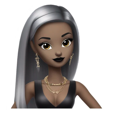  Seku-kyabakura Bunny Wends Addams Barbie.  Small very light skin face. Black lipstick and eyeshadow. Earrings matching necklaces. Long silky raven hair. Dress that’s off-the-shoulders shows her legs and black high heel.  sticker