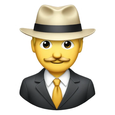 A blond white man with a suit, a tie, a fedora hat, a mustache, and a smirk sticker