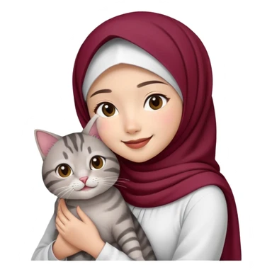 Asian White girl wearing maroon hijab and white dress holding a black grey tabby cat while smiling.  sticker