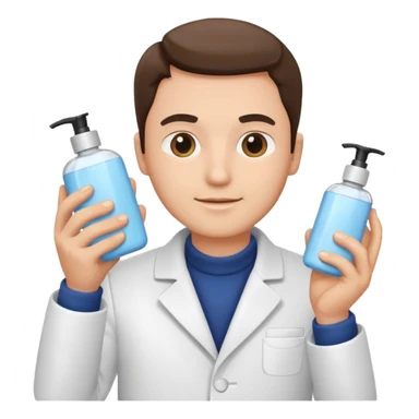 man with white coat holding skincare products sticker